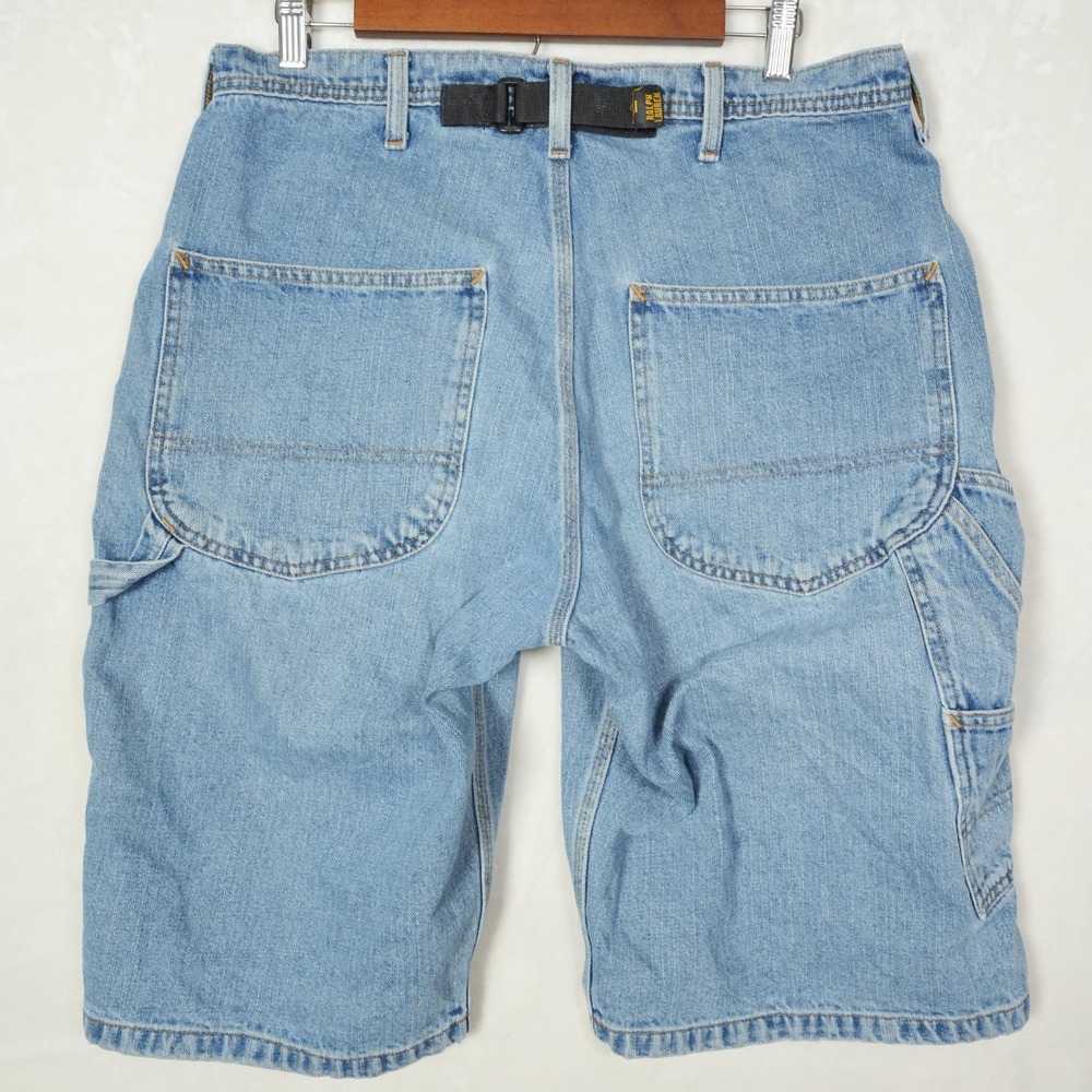 Ralph Lauren Mens Blue Denim Carpenter Shorts‎ Size 33 Strap Back Light Wash
